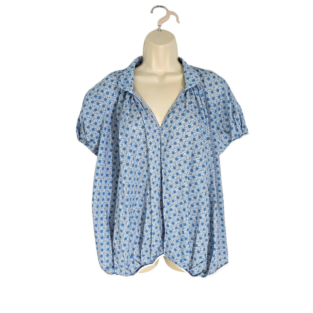 Tish Cox Blue Floral Cotton Split Neck Short Sleeve Blouse Size L Made in Dallas